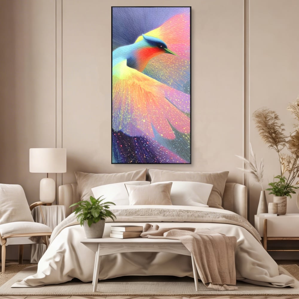 Tablou canvas cu tablou canvas cu pasare colorata in zbor, in rama de aluminiu negru, pe perete intr-un dormitor